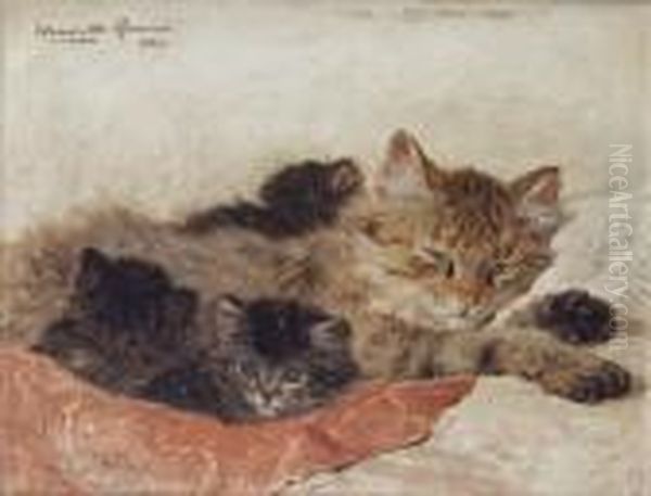 Cat And Kittens Oil Painting by Henriette Ronner-Knip