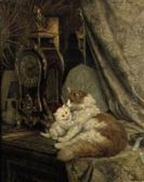 Mother Cat And Her Kitten With A Bracket Clock Oil Painting by Henriette Ronner-Knip