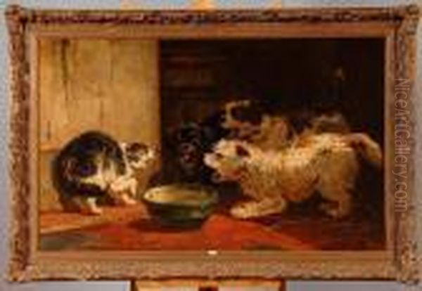 Chiens Et Chat Se Disputant La Gamelle Oil Painting by Henriette Ronner-Knip