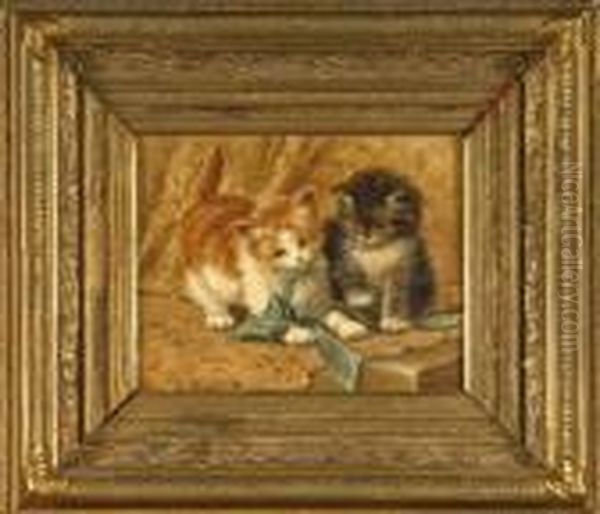 Chatons Jouant Avec Un Ruban Bleu Oil Painting by Henriette Ronner-Knip