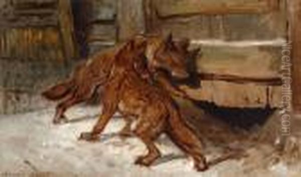 Two Mischievous Little Foxes Oil Painting by Henriette Ronner-Knip