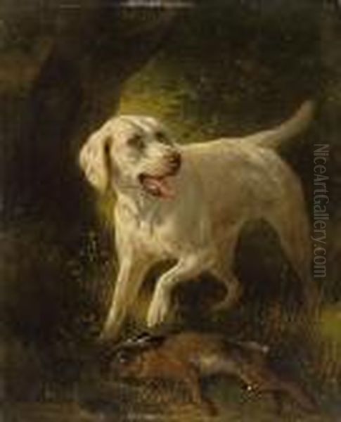 Weisser Labrador Miterlegtem Hasen Grosser Munsterlander Mit Einem Hasen Imfang Oil Painting by Henriette Ronner-Knip