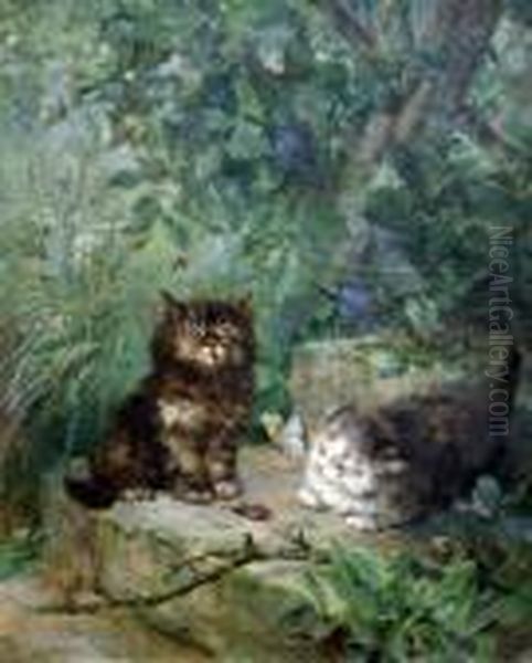 Kittens Hunting Bugs In A Garden Oil Painting by Henriette Ronner-Knip