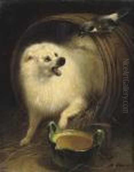 A Dog In A Barrel Oil Painting by Henriette Ronner-Knip