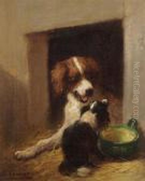 Two Dogs Near A Doghouse Oil Painting by Henriette Ronner-Knip