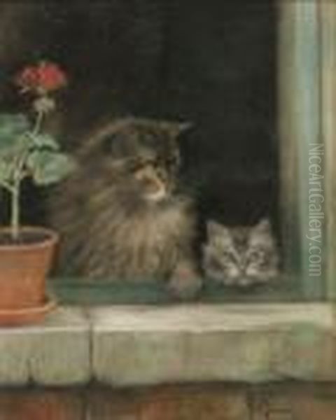 Two Cats At A Window Oil Painting by Henriette Ronner-Knip