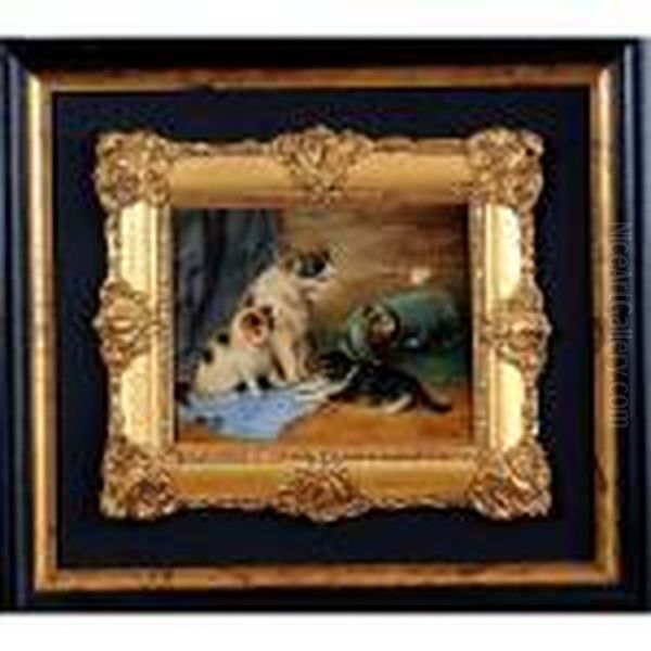 Chats Et Papillon Oil Painting by Henriette Ronner-Knip