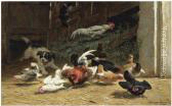 A Puppy Chasing Chickens And A Cat In The Farm Yard Oil Painting by Henriette Ronner-Knip