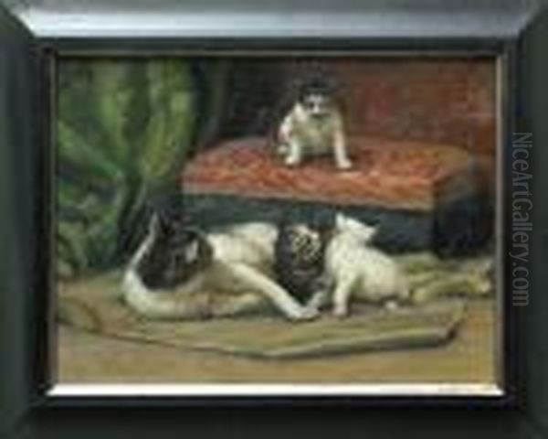 Cat With Kittens Oil Painting by Henriette Ronner-Knip