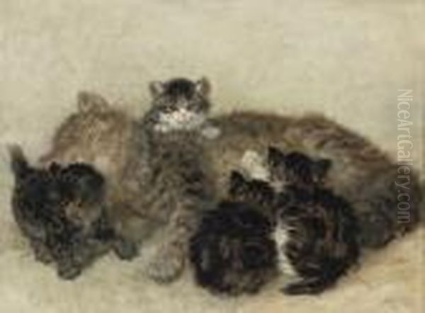 A Cat And Her Kittens Oil Painting by Henriette Ronner-Knip