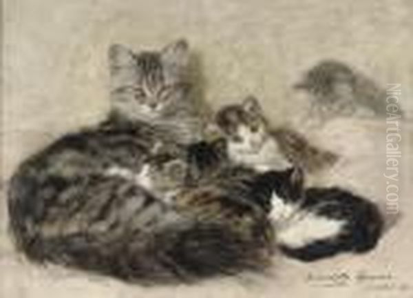 A Sweet Litter Oil Painting by Henriette Ronner-Knip