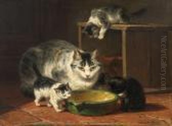 Five Cats Before A Bowl Oil Painting by Henriette Ronner-Knip