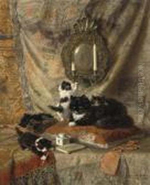 A Mother Cat Resting While Her Kittens Play Oil Painting by Henriette Ronner-Knip