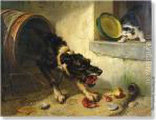 Fight Over A Crab's Leg Oil Painting by Henriette Ronner-Knip