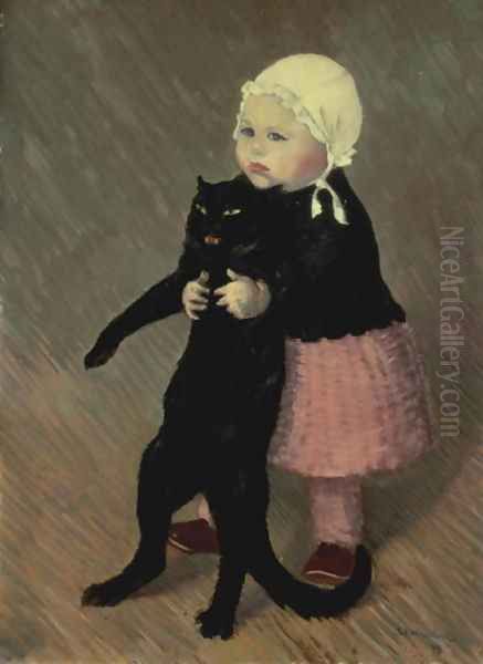 A Small Girl with a Cat, 1889 Oil Painting by Theophile Alexandre Steinlen