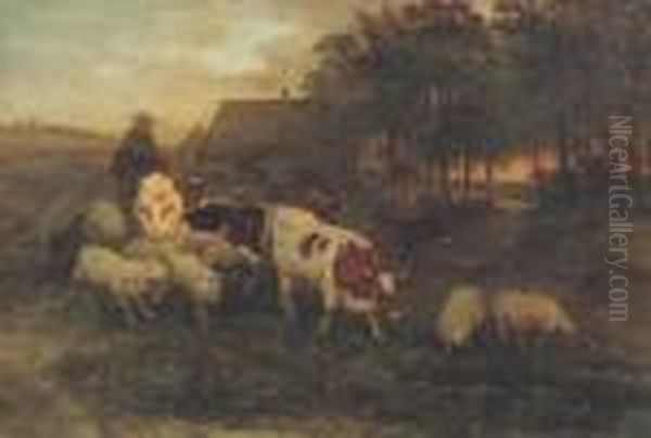 A Herdsman And Cattle In A Brabantine Landscape Oil Painting by Henriette Ronner-Knip