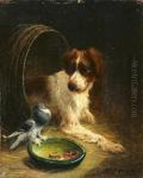 Spaniel Defending His Dinner Oil Painting by Henriette Ronner-Knip