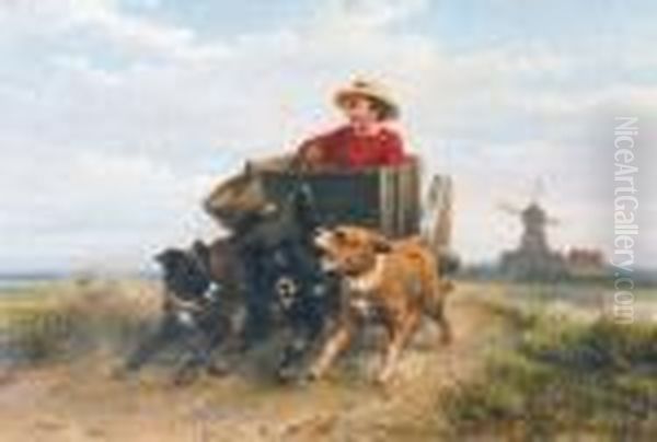 Little Boy With Dogcart On A Heathland Oil Painting by Henriette Ronner-Knip