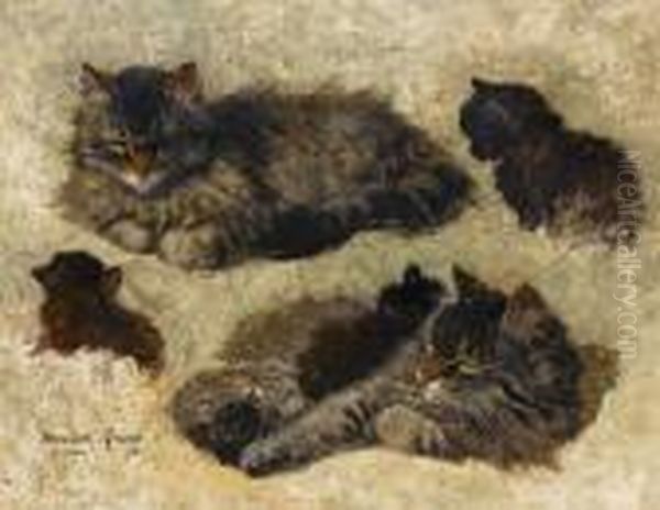 Study Of A Cat And Kittens Oil Painting by Henriette Ronner-Knip