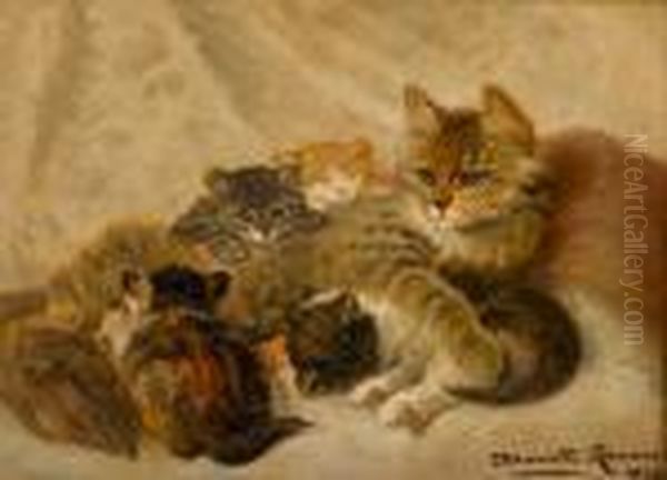 A Cat And Her Kittens Oil Painting by Henriette Ronner-Knip