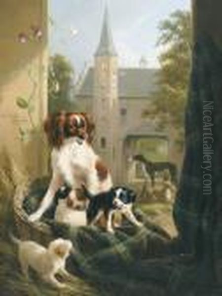 A Mother And Her Litter In A Castle Court Yard Oil Painting by Henriette Ronner-Knip