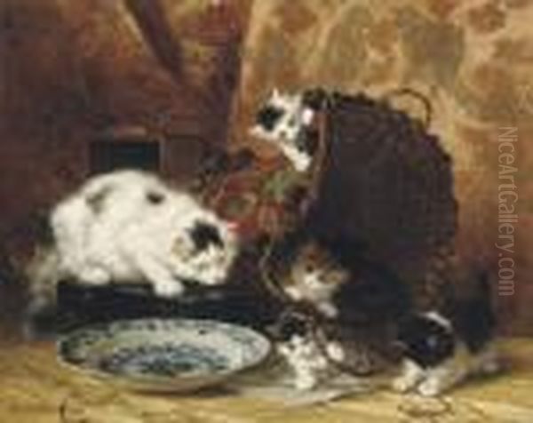 Autour D'un Panier: The Mischievous Kittens Oil Painting by Henriette Ronner-Knip