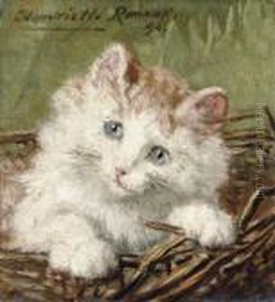 White Kitten In A Basket Oil Painting by Henriette Ronner-Knip