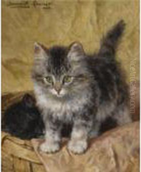 Two Kittens In A Basket Oil Painting by Henriette Ronner-Knip