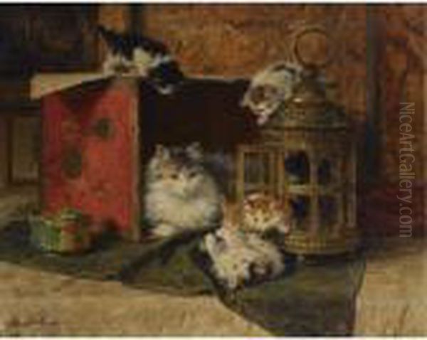 A Mother Cat Watching Her Kittens Playing Oil Painting by Henriette Ronner-Knip