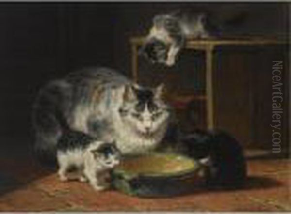 A Mother Cat And Her Kittens In A Kitchen Interior Oil Painting by Henriette Ronner-Knip