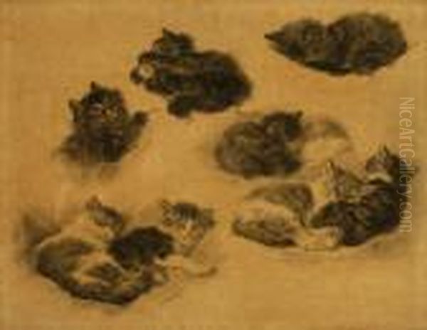 A Sketch Leaflet With Nine Sleeping And Playing Kittens Oil Painting by Henriette Ronner-Knip