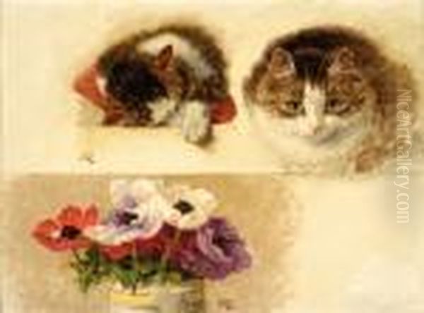 A Sketch Of Two Kittens And Flowers In A Pot Oil Painting by Henriette Ronner-Knip