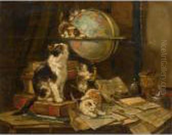 Playful Kittens In A Study Oil Painting by Henriette Ronner-Knip