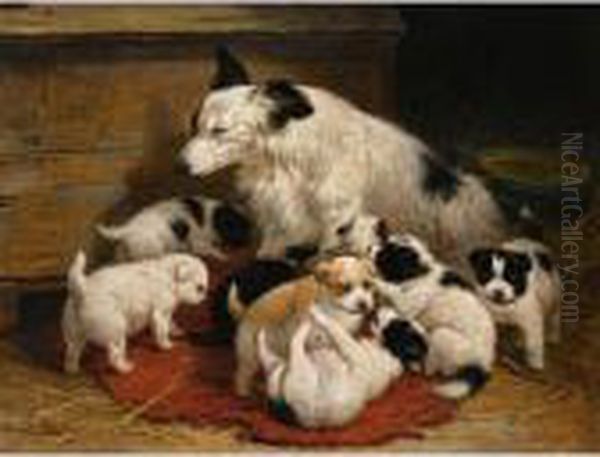 A Dog And Her Puppies Oil Painting by Henriette Ronner-Knip