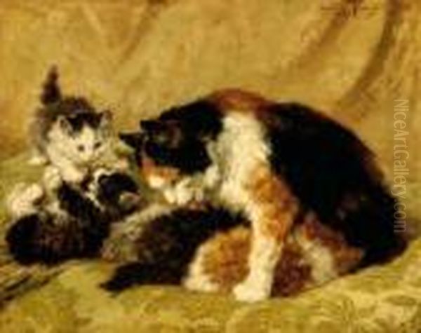 A Cat With Five Kittens Oil Painting by Henriette Ronner-Knip