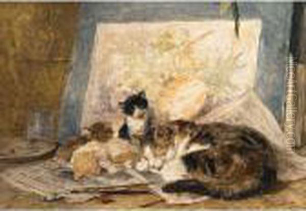 Cat And Her Kittens In The Artist's Studio Oil Painting by Henriette Ronner-Knip