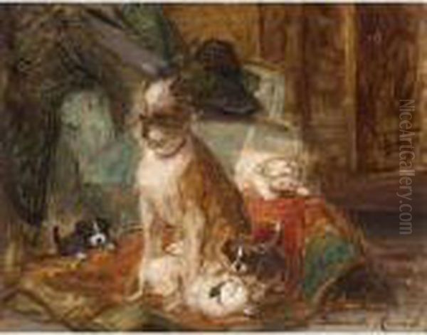 A Dog And Her Puppies Oil Painting by Henriette Ronner-Knip