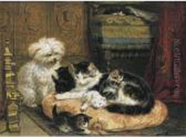 A Cat With Her Four Kittens With A Friendly Dog Oil Painting by Henriette Ronner-Knip