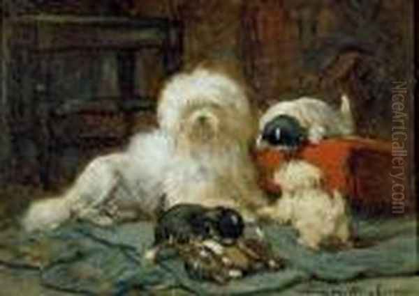 Playful Pups Oil Painting by Henriette Ronner-Knip