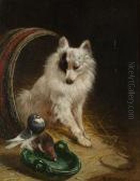 A Dog In A Barn, With Pigeons At A Water Bowl Oil Painting by Henriette Ronner-Knip