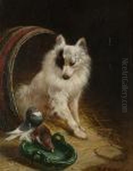 A Dog In A Barn, With Pigeons At A Waterbowl Oil Painting by Henriette Ronner-Knip