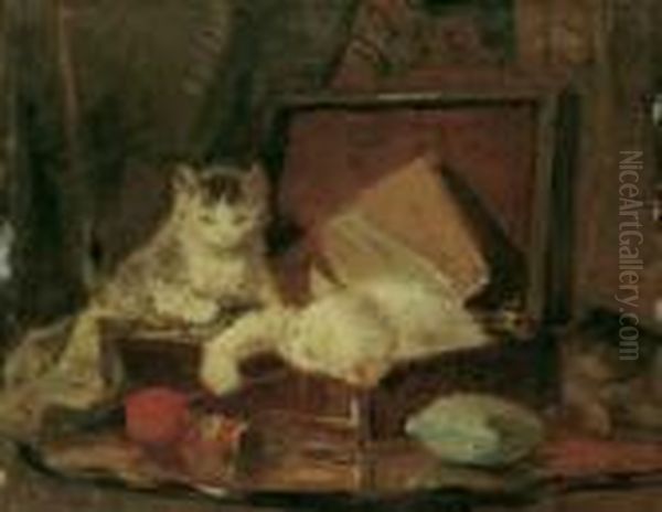 Spielende Katzchen. Signiert 
Unten Rechts: Henriette Ronner. Ol Auf Papier, Auf Holz Aufgezogen. H 
30; B 36 Cm. Oil Painting by Henriette Ronner-Knip