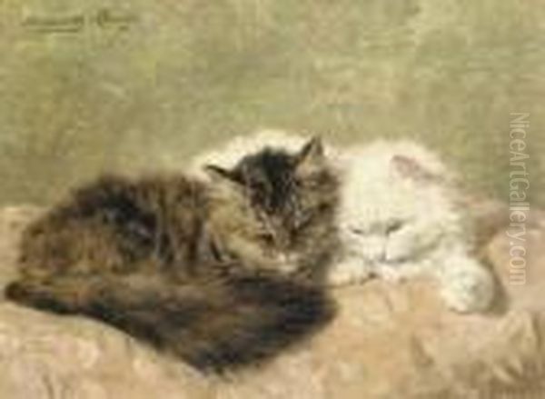 Two Cats On A Pink Pillow Oil Painting by Henriette Ronner-Knip