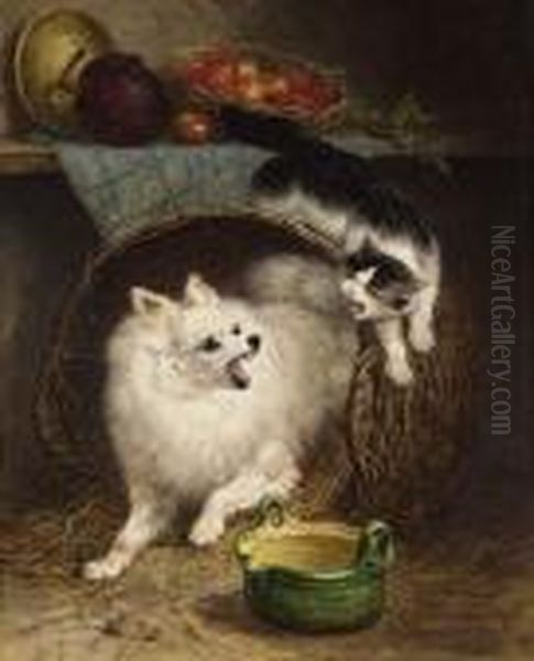 Encounter Oil Painting by Henriette Ronner-Knip