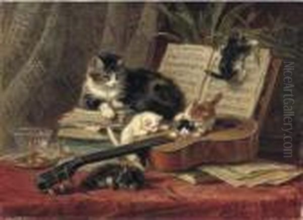 Playing The Guitar Oil Painting by Henriette Ronner-Knip