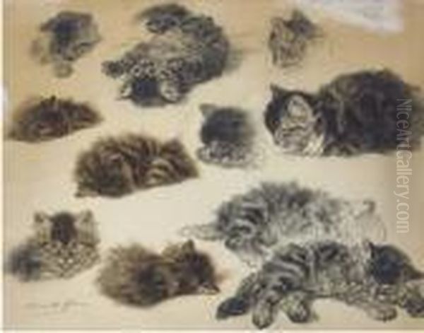 Playful Poses: Studies Of Kittens Oil Painting by Henriette Ronner-Knip