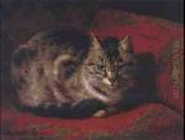 Tabby On A Red Settee Oil Painting by Henriette Ronner-Knip