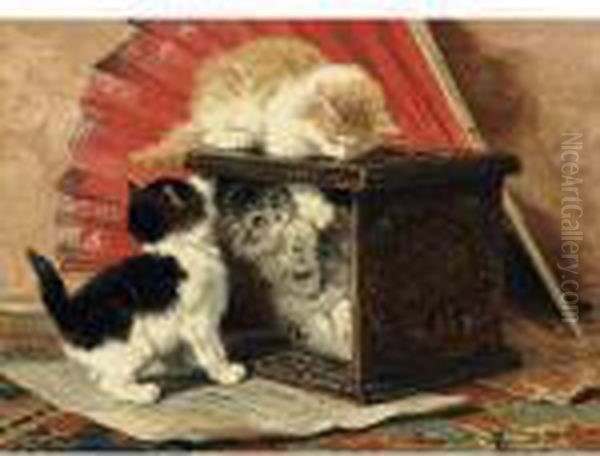 Three Kittens Playing By A Stove Oil Painting by Henriette Ronner-Knip