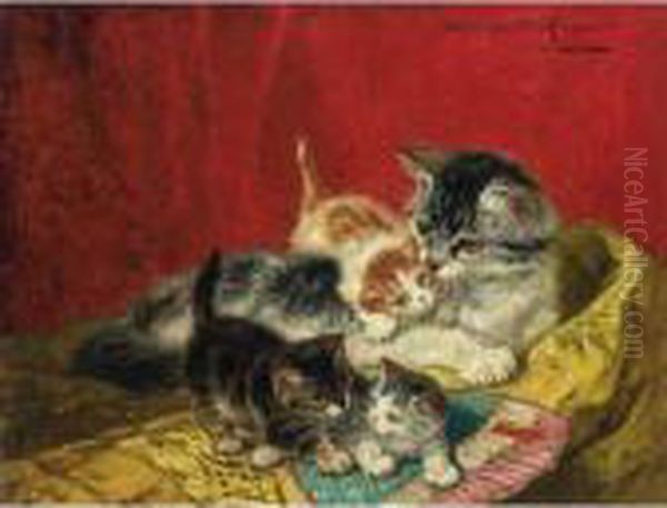 Kittens Playing With A Fan Oil Painting by Henriette Ronner-Knip