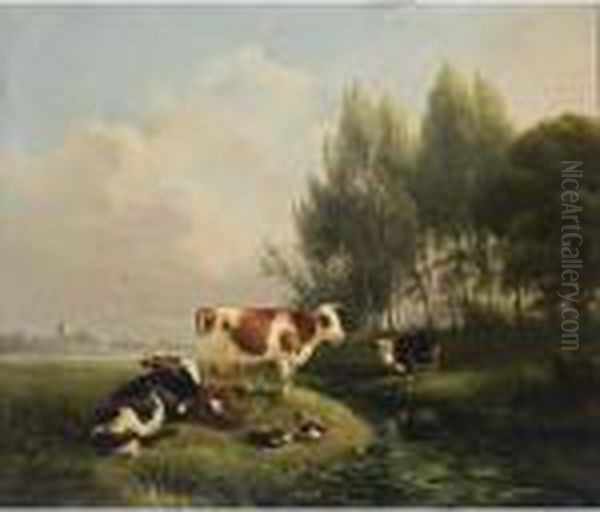 Cows And Ducks In A Summer Landscape Oil Painting by Henriette Ronner-Knip